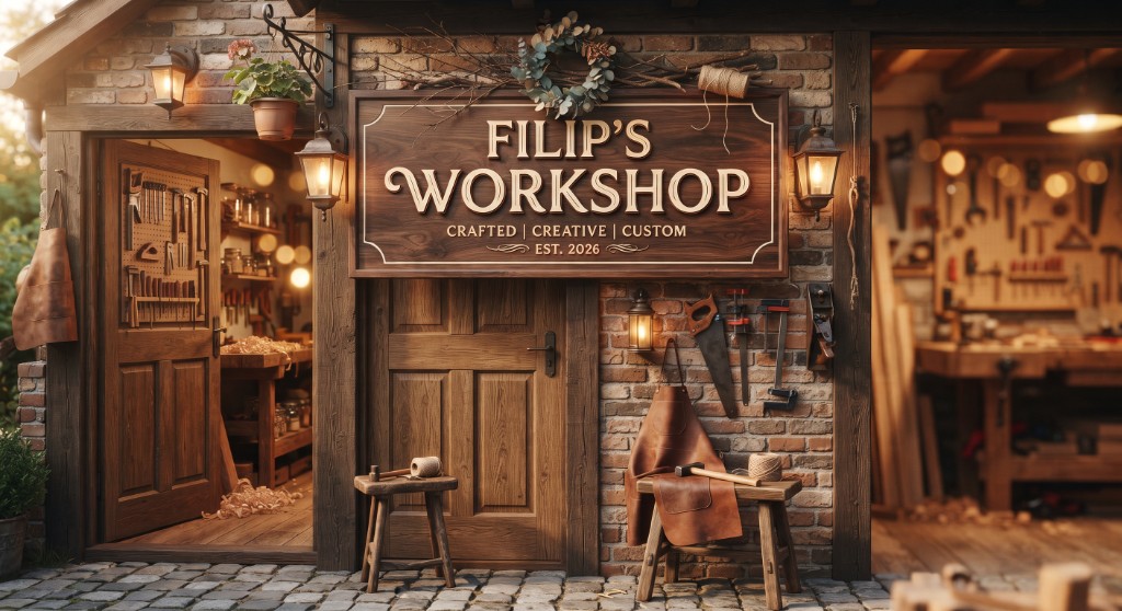 The front of Filip's Workshop: a wooden sign, lanterns and a workbench full of tools
